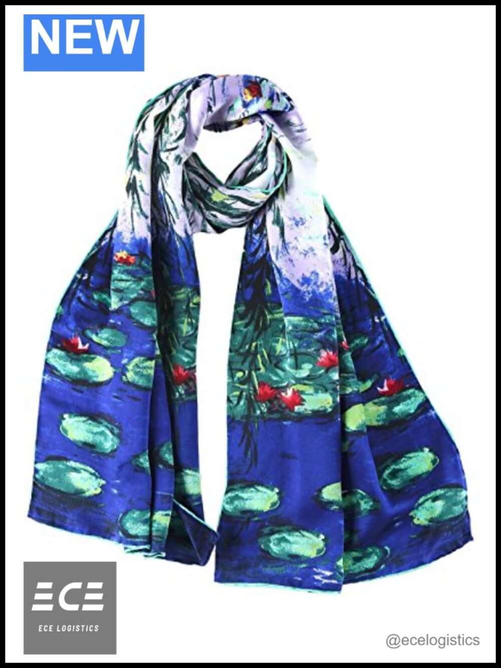 100% Silk Charmeuse Long Scarf 63x17 Art Print Hand Rolled Hem